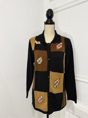 Anthony Richards Black & Brown Patchwork Cardigan with Leaf Embroidery
